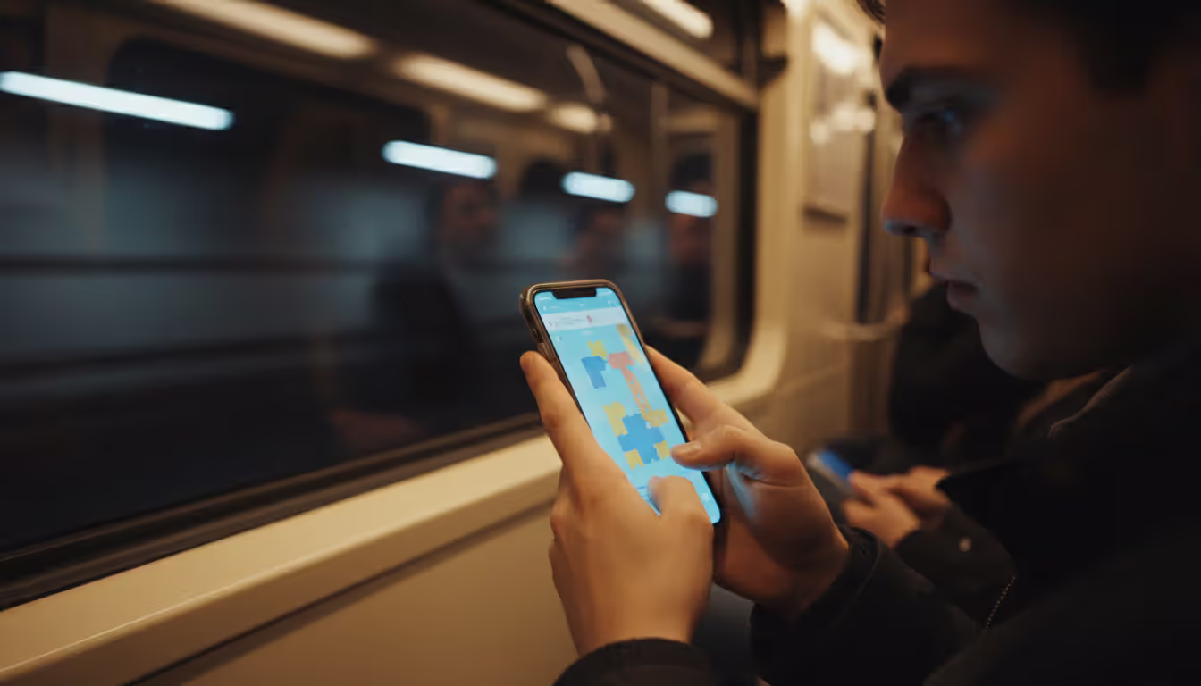 Close-up of a hand holding an iPhone scrolling through a list of games in the App Store with visible star ratings and GET buttons, blurred bokeh background, photorealistic style