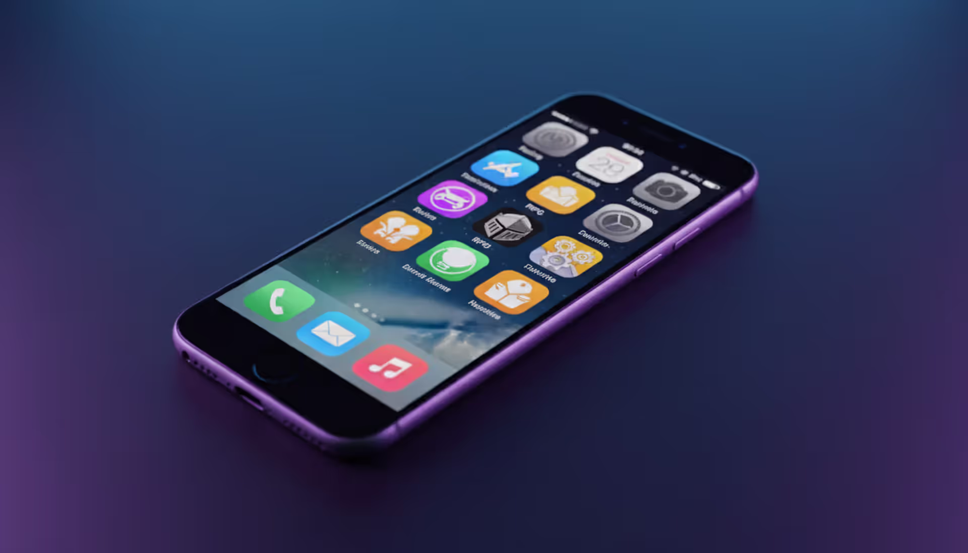 A modern iPhone lying on a dark matte surface with a glowing screen displaying colorful game icons, surrounded by soft blue and purple neon light, top-down angle view