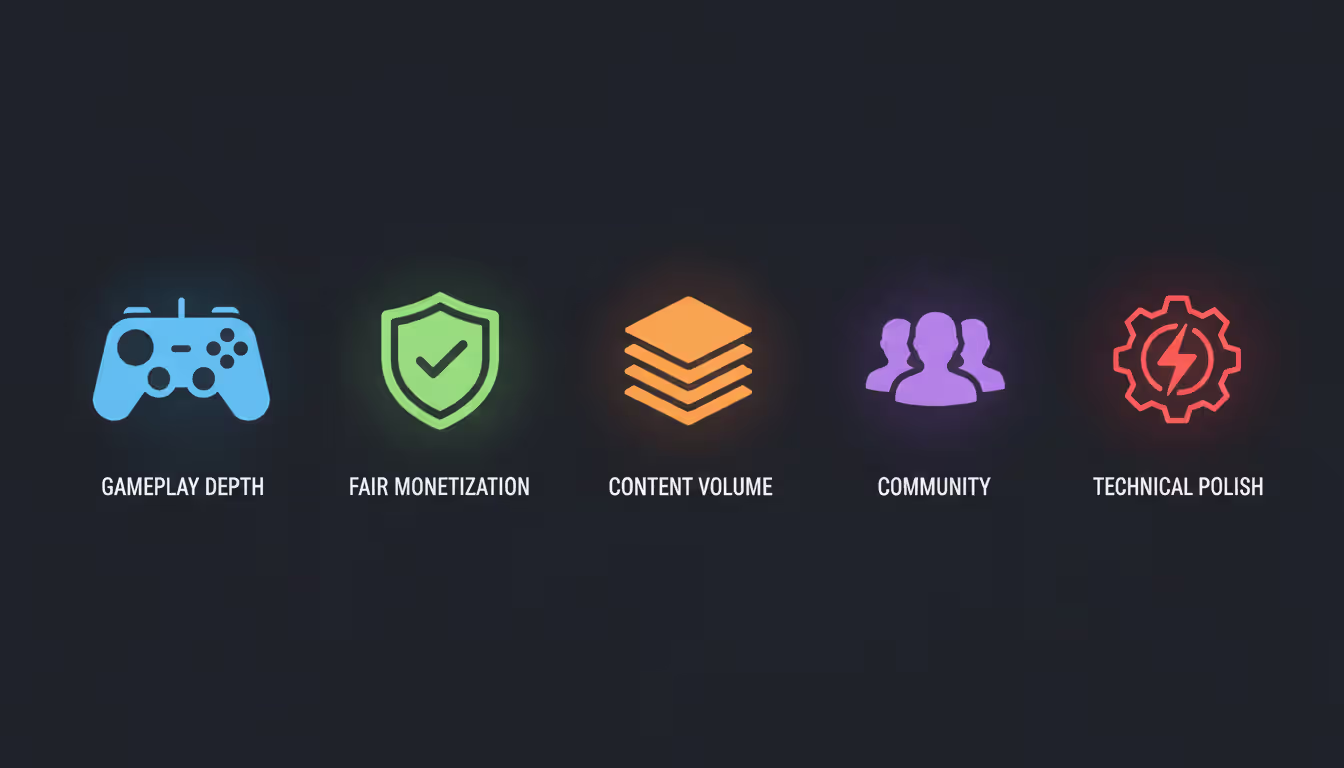 Five colored icons representing game evaluation criteria: gamepad, shield with checkmark, stacked layers, group of people silhouettes, and gear with lightning bolt on dark background