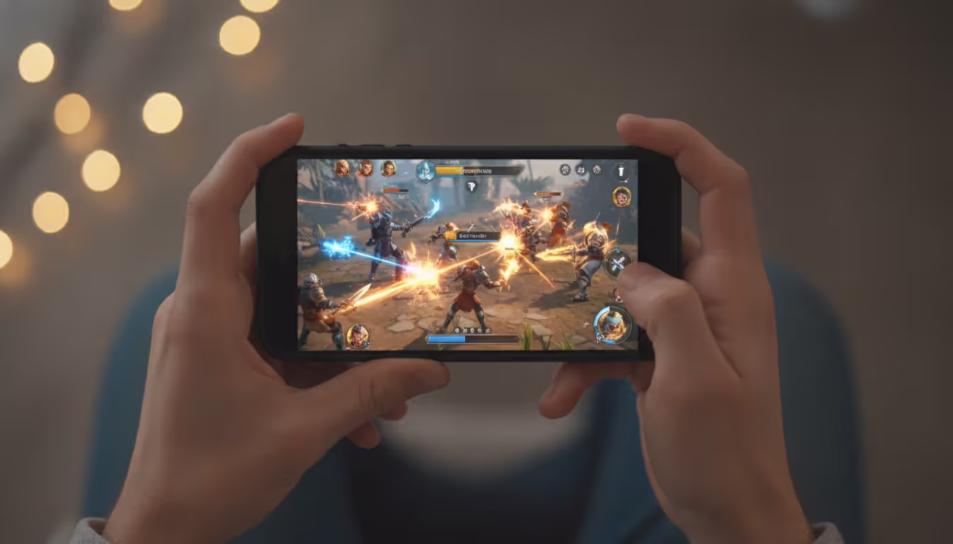 Top-down view of hands holding a smartphone in landscape mode displaying a vibrant mobile game battle scene with blurred bokeh lights in background