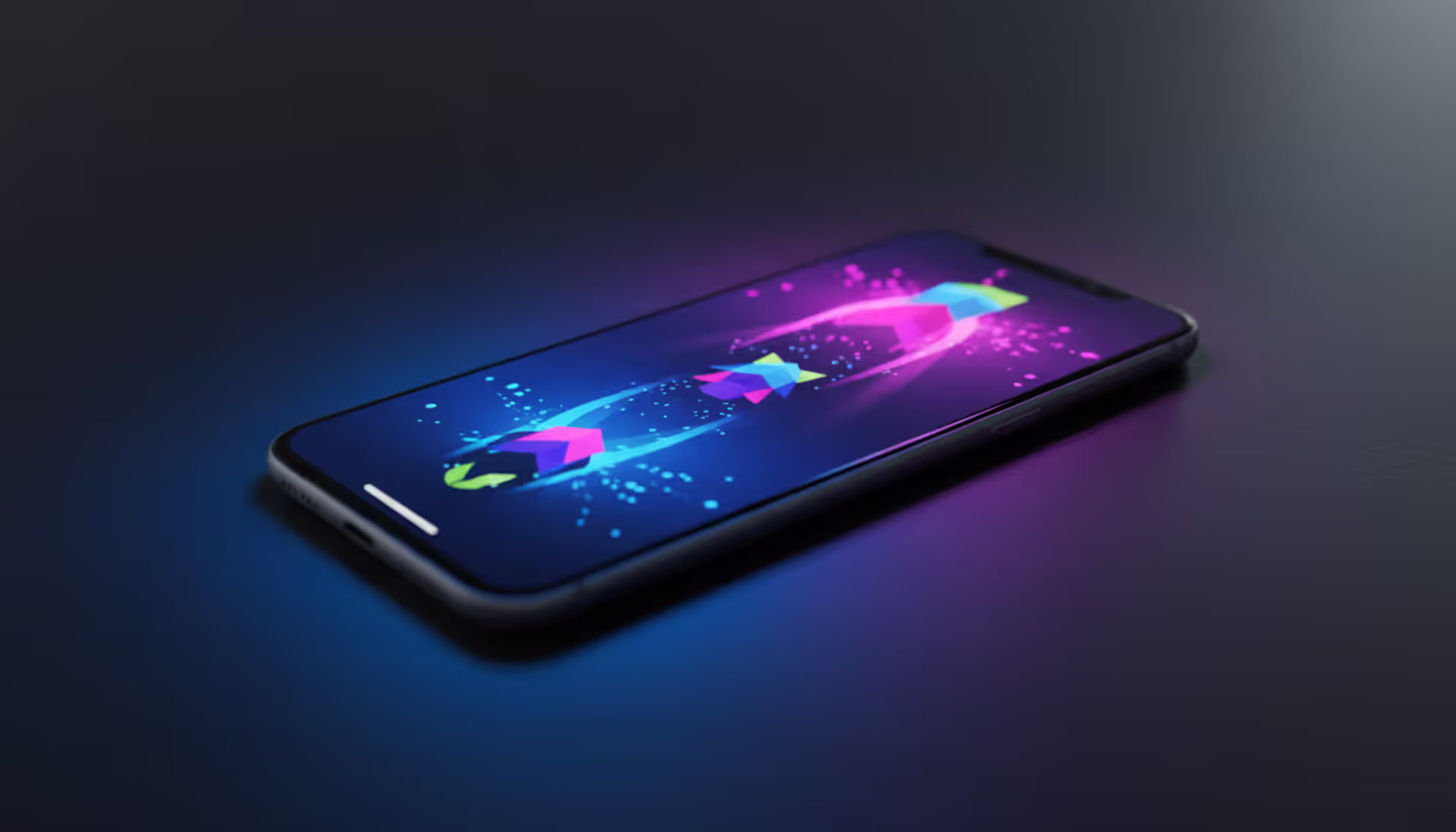 A modern smartphone on a dark desk glowing with colorful mobile game graphics on screen, neon blue and purple ambient light around the device