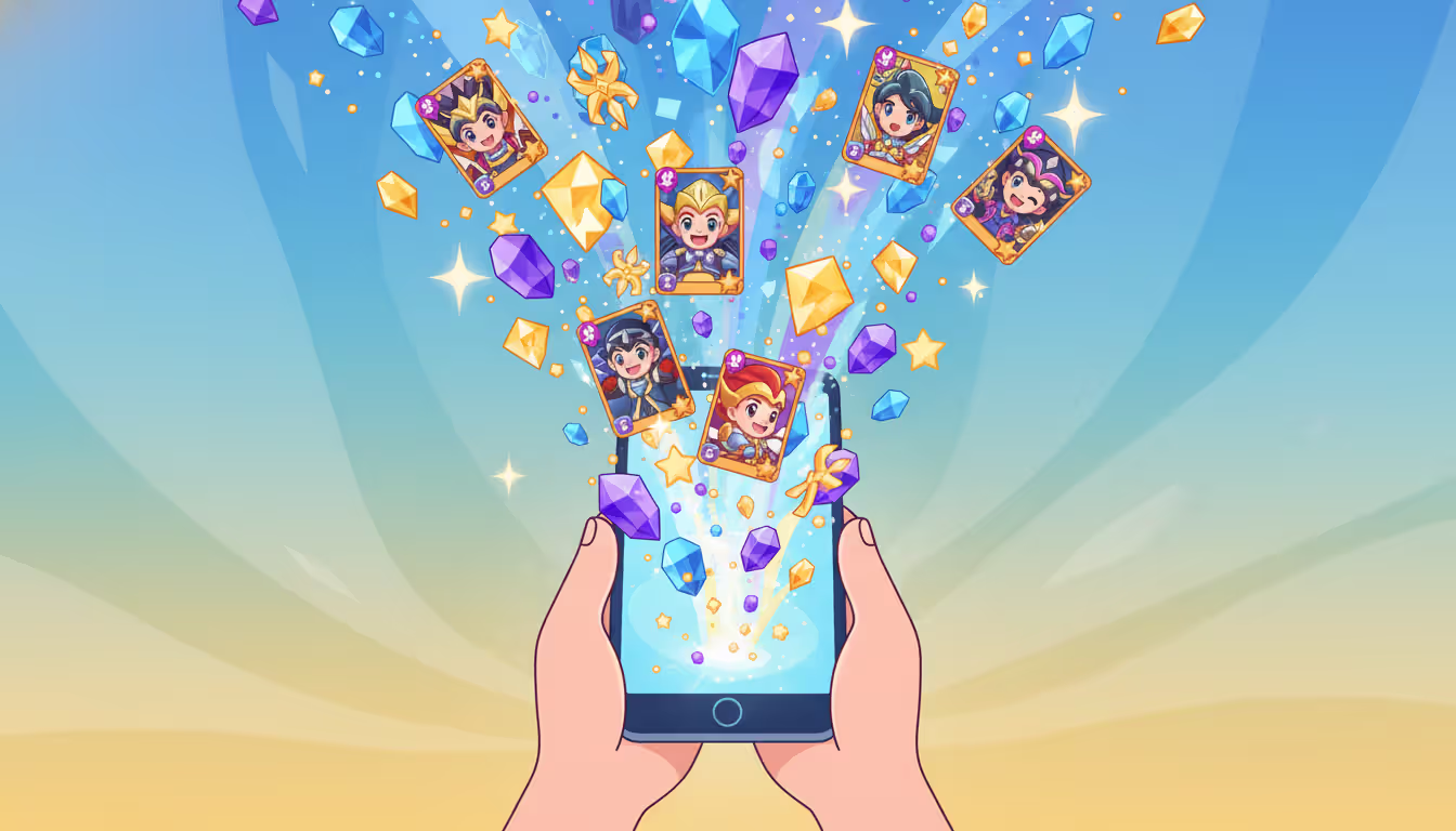 Hands holding a smartphone with glowing crystals stars and character cards bursting from the screen symbolizing generous free rewards in gacha games on warm gold to teal gradient background