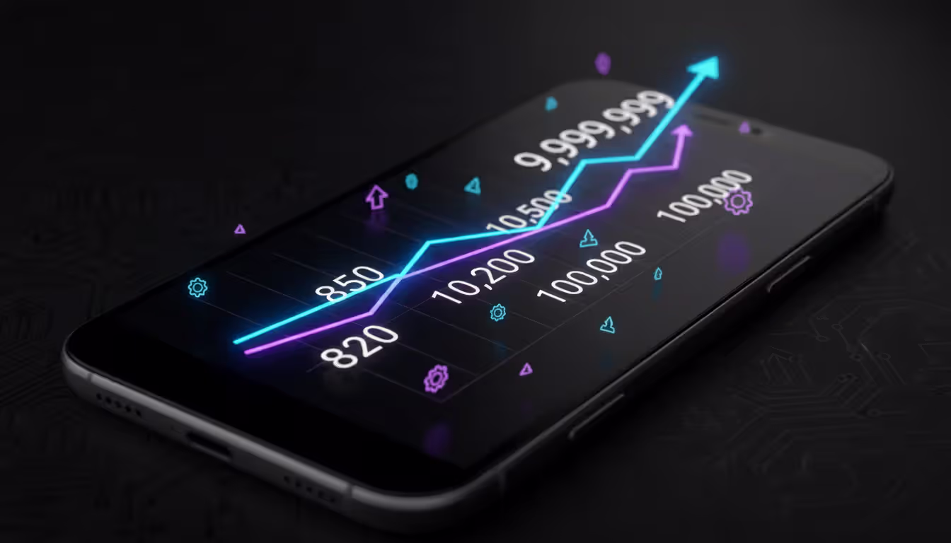 Smartphone screen displaying exponential number growth chart with neon glow and abstract upgrade icons on dark background