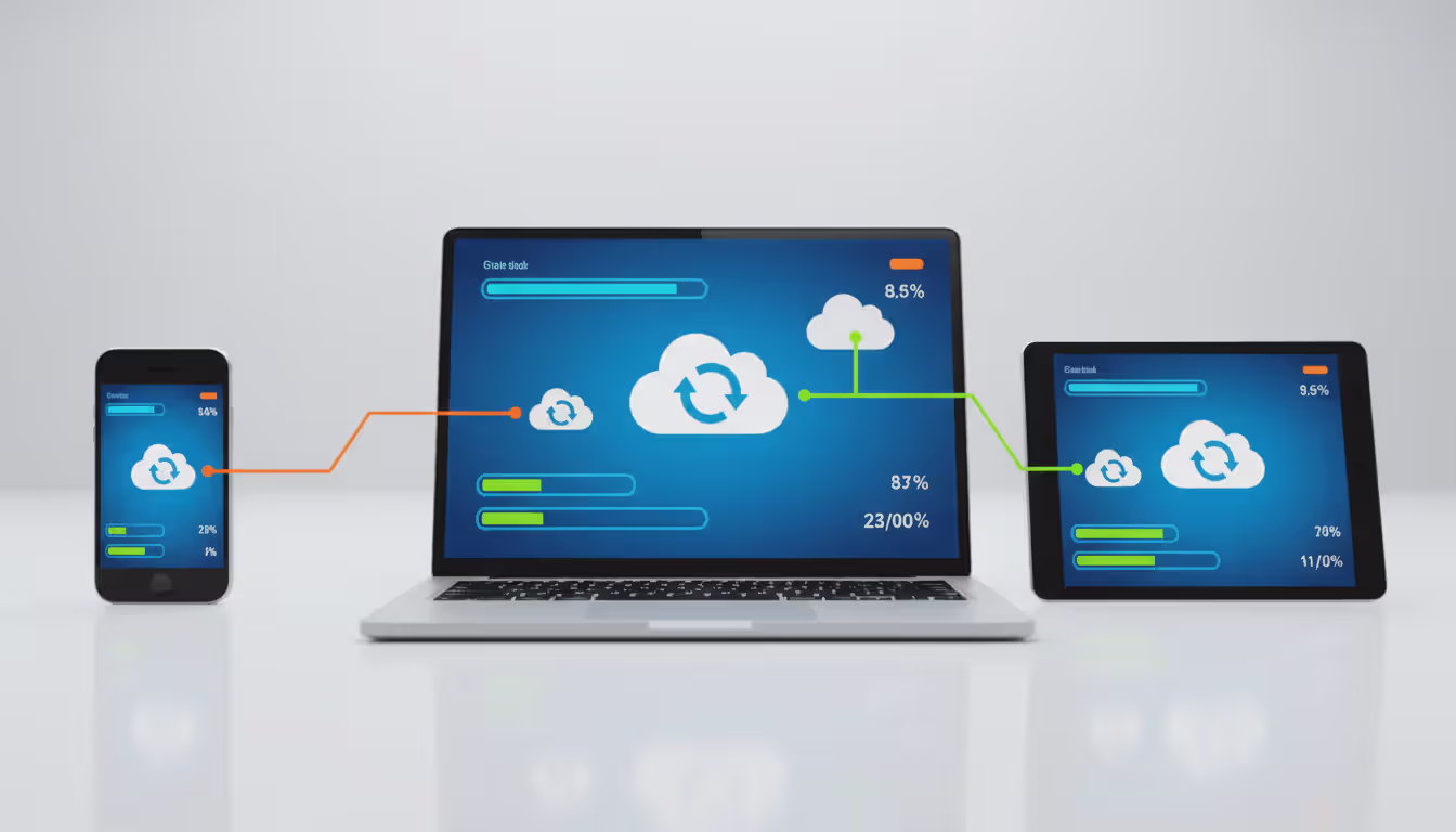 Three devices in a row — smartphone, laptop, and tablet — showing the same idle game interface with cloud sync arrows between them on a light surface