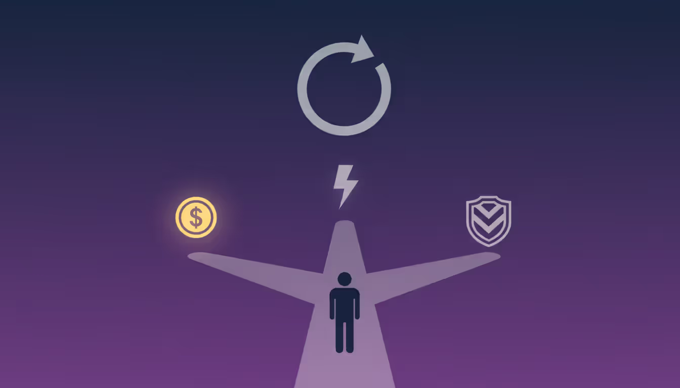 Minimalist illustration of a character silhouette at a three-way fork with gold coin, lightning bolt, and shield icons and a circular prestige arrow above on a blue-purple gradient background