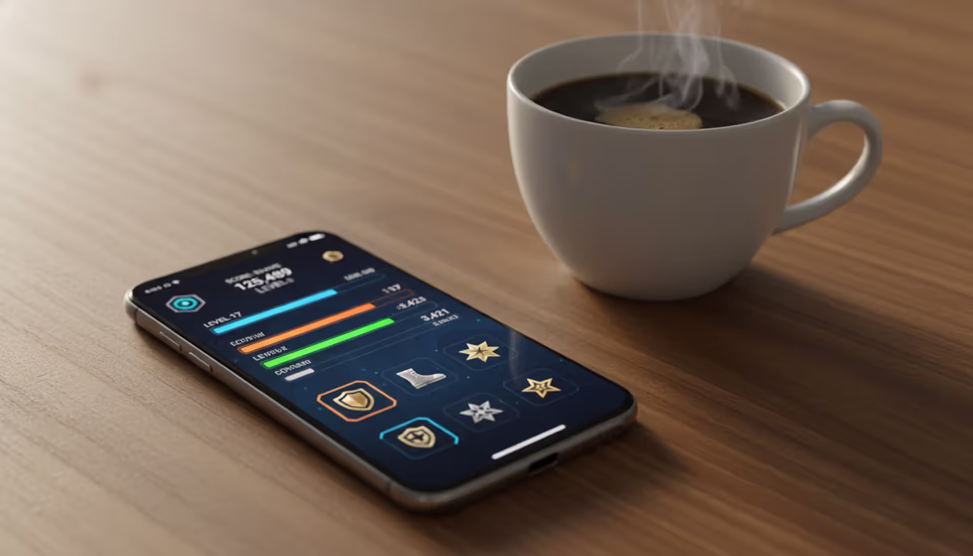 Smartphone on a table next to a coffee cup showing a colorful idle game progress screen with upgrade bars and icons