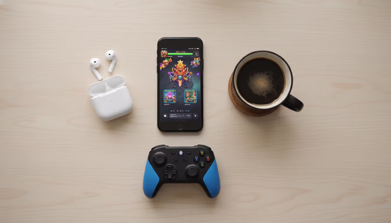 Flat lay top view of an iPhone with a bright game on screen wireless earbuds a coffee cup and a small Bluetooth gamepad on a light wooden desk with soft natural lighting