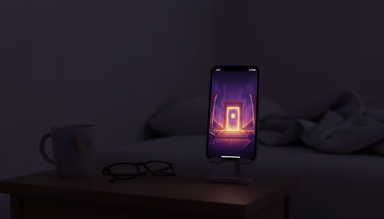 An iPhone on a bedside stand in a dark room with the screen glowing showing an atmospheric game scene in dark purple and gold tones with soft light illuminating nearby objects