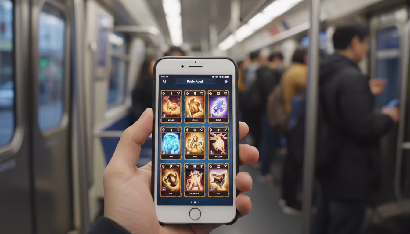 A commuter in a subway car holding an iPhone in portrait mode with a stylized card game on screen surrounded by blurred passengers and handrails in a daily commute setting