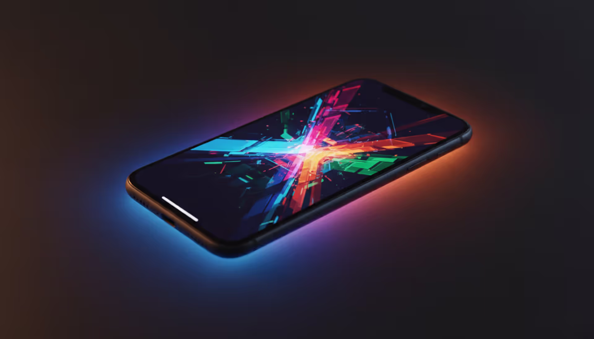 A modern iPhone lying on a dark matte surface with a vibrant colorful game scene glowing on its screen, surrounded by soft neon purple blue and orange ambient light