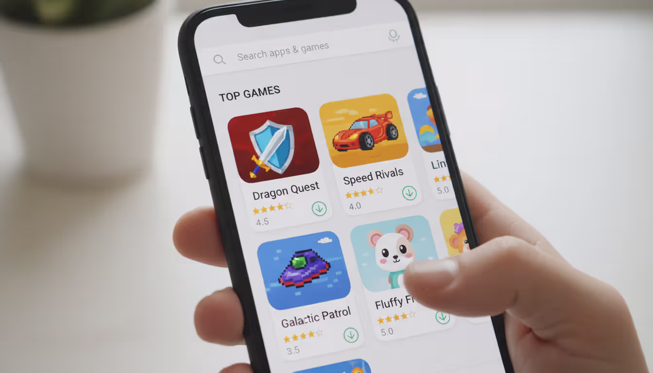 Hand holding smartphone showing app store interface with game cards star ratings and download icons