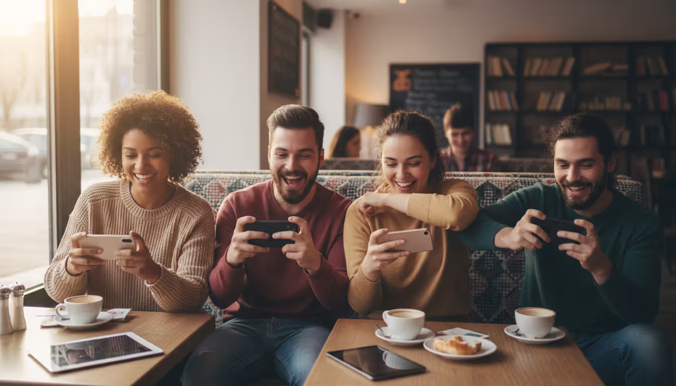 Group of young people sitting together each playing games on their smartphones with engaged happy expressions