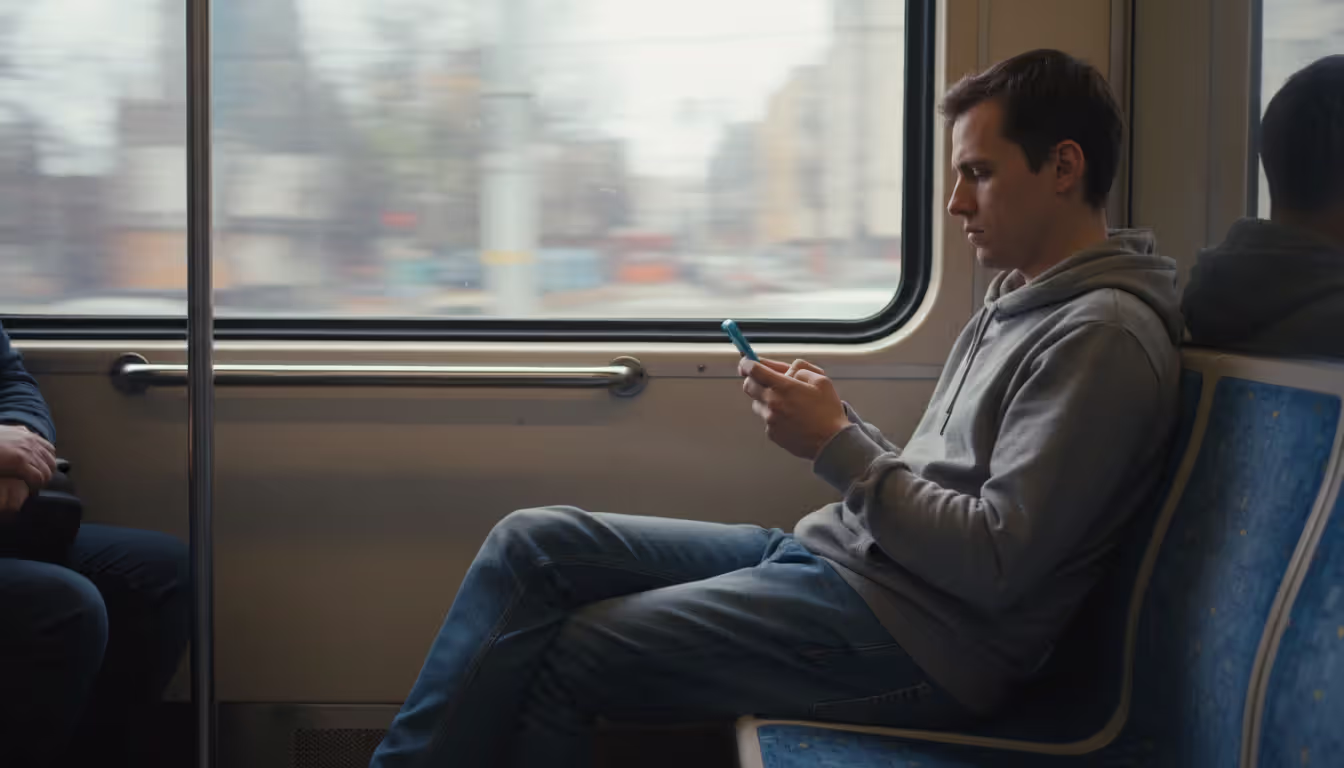 Person sitting in subway train playing mobile game on smartphone with blurred cityscape visible through window