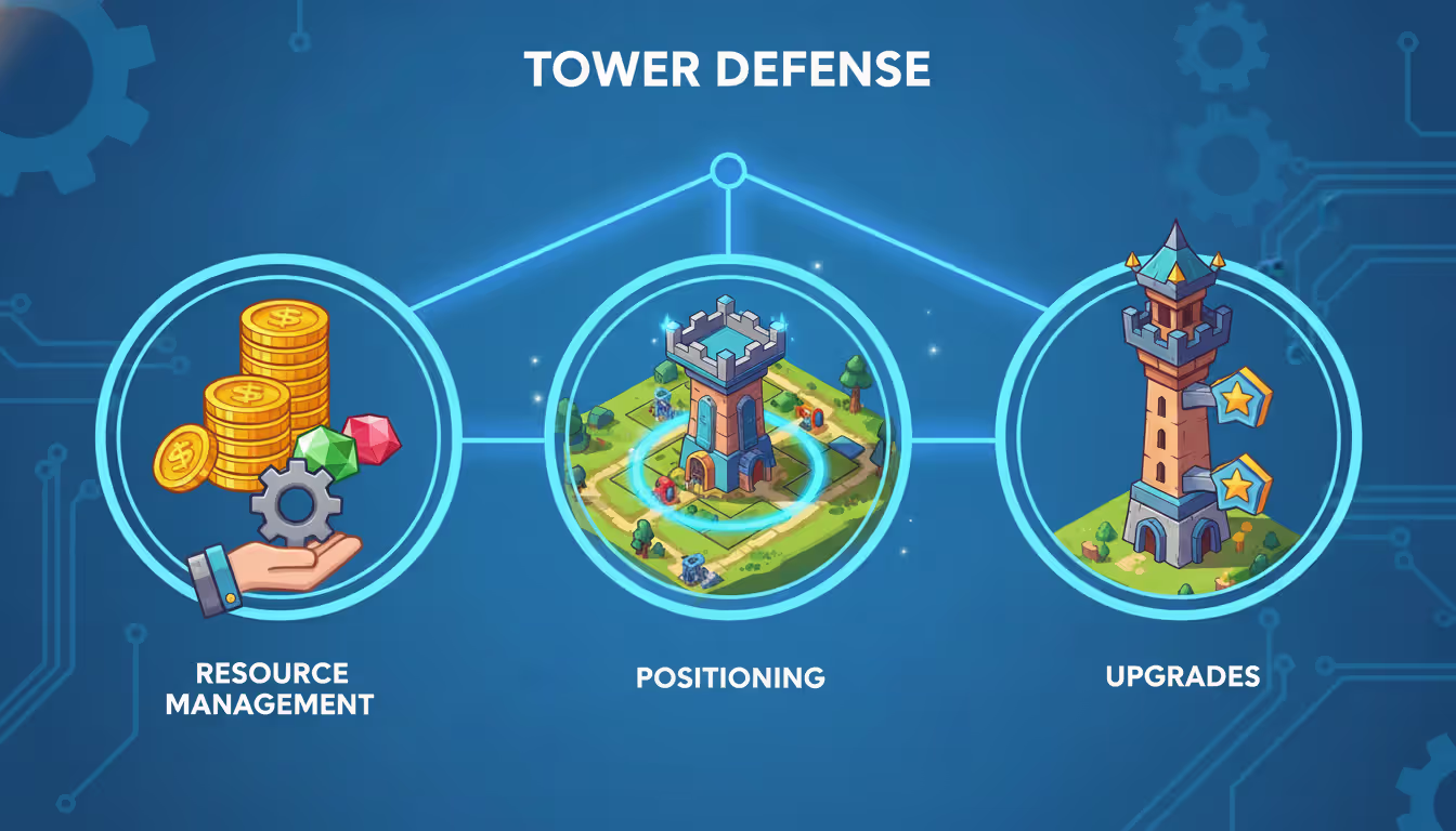 Stylized infographic showing three core tower defense mechanics: resource management, tower positioning with range circle, and upgrade paths