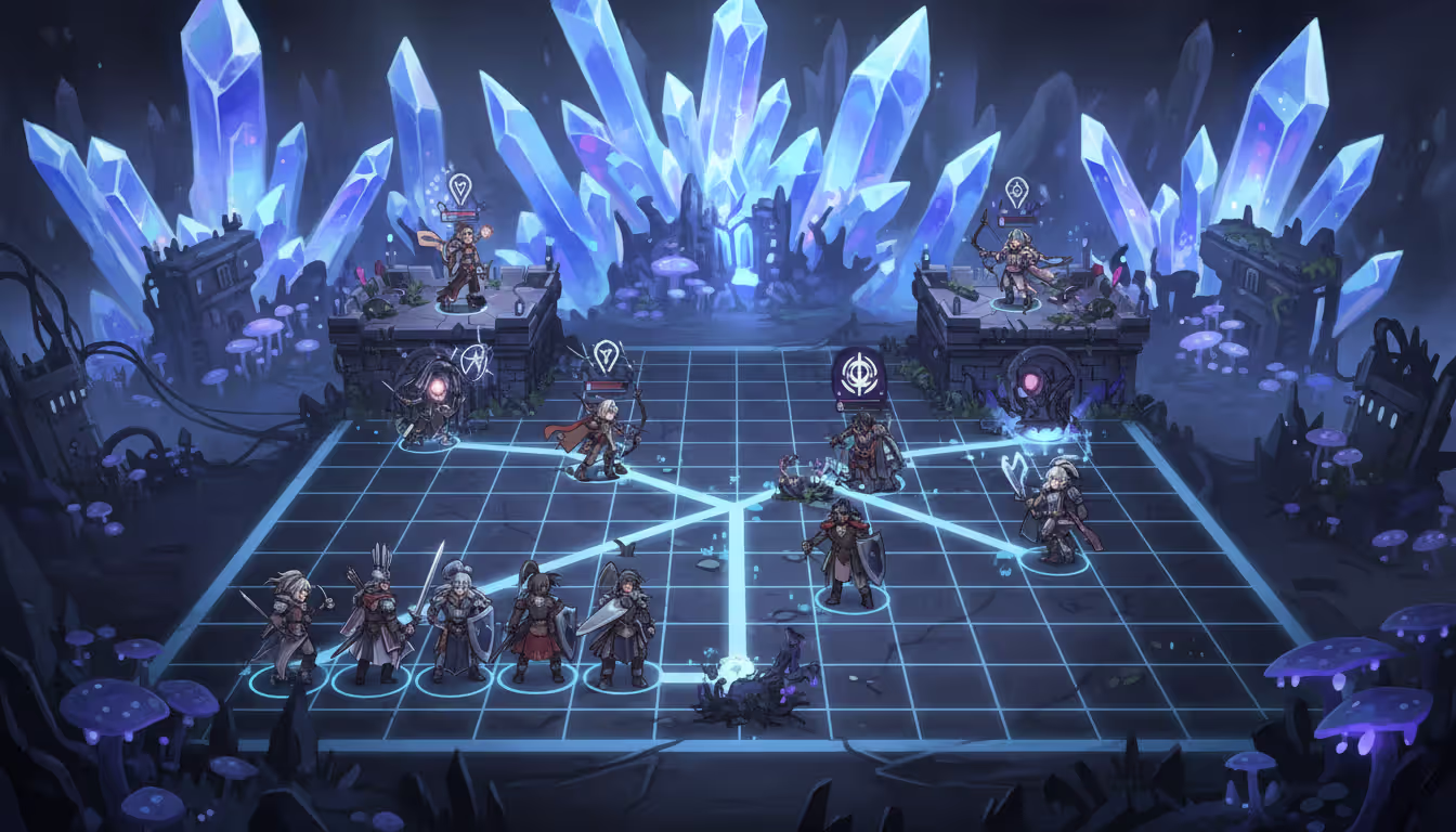 Anime-style grid-based tactical map with operator characters blocking and attacking enemies on a post-apocalyptic battlefield with crystal formations