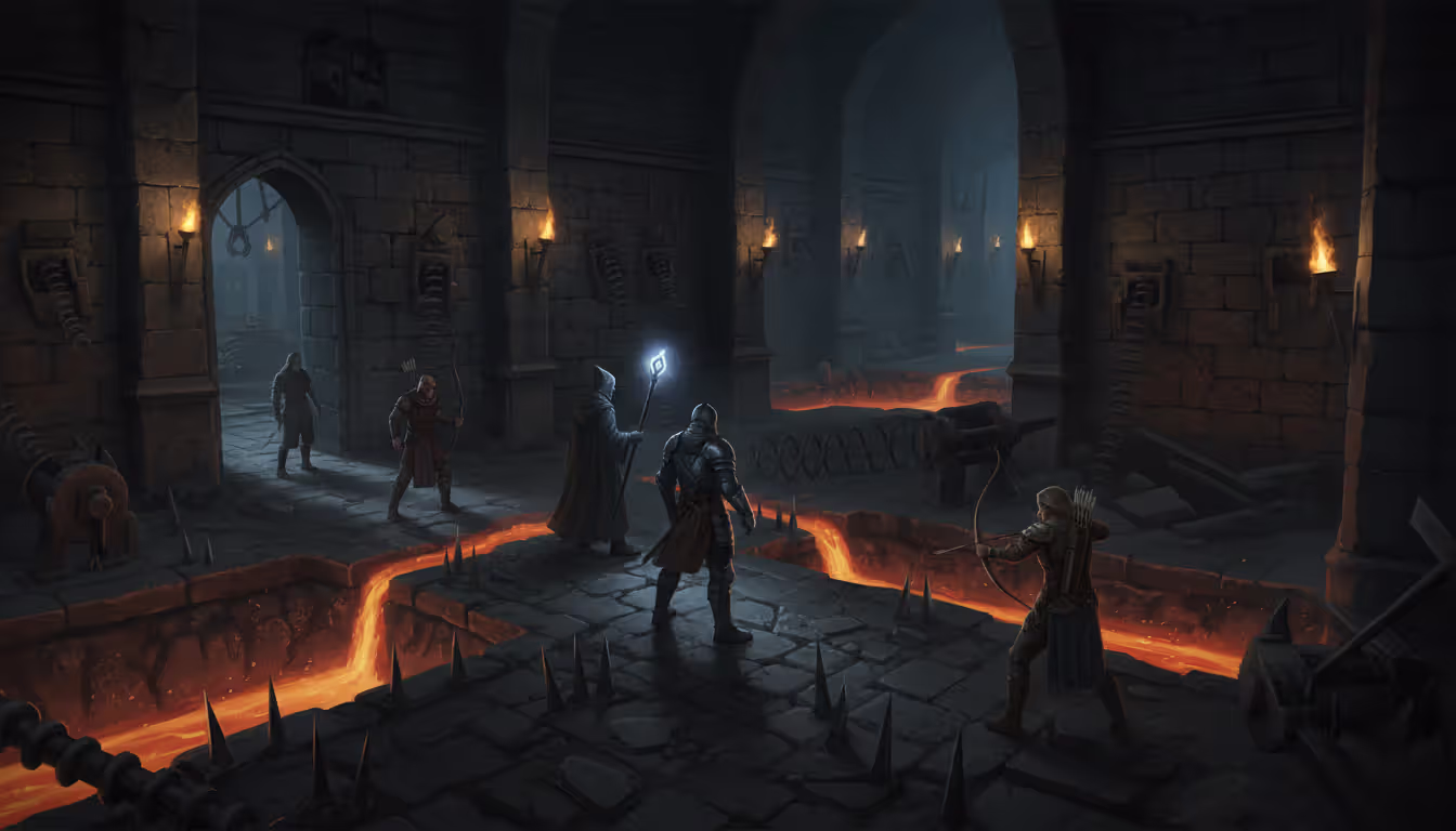 Dark fantasy dungeon interior with mechanical traps including spike floors and arrow walls as a group of adventurer heroes attempts to navigate through