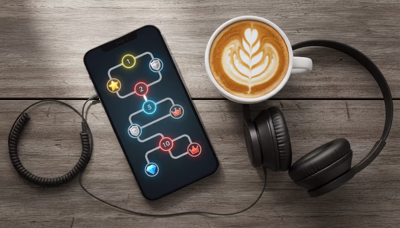 Top-down view of a smartphone on a wooden table showing a colorful game level map, with coffee cup and earphones nearby