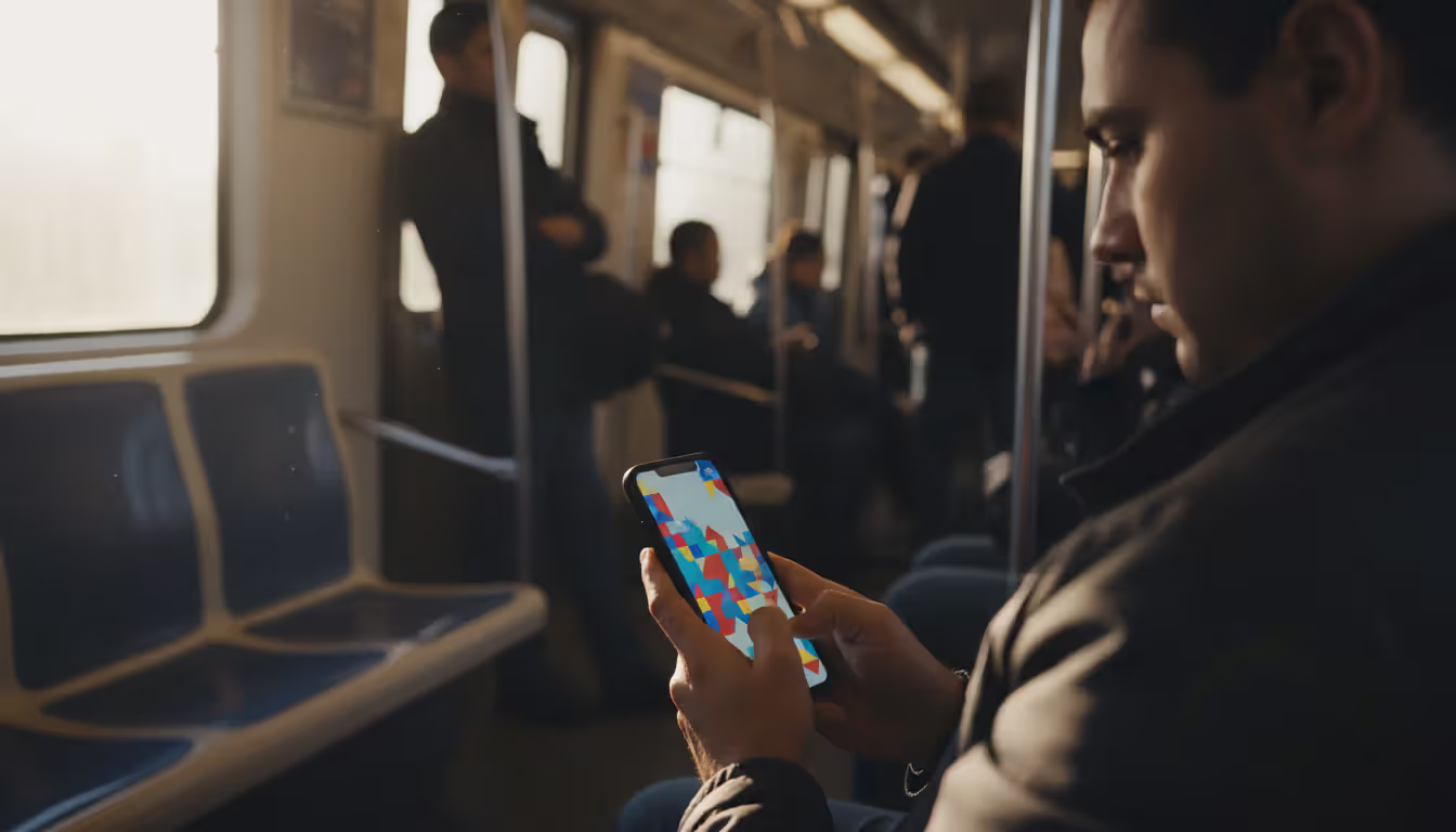 Person playing a puzzle game on smartphone while sitting in a subway train, blurred passengers in background