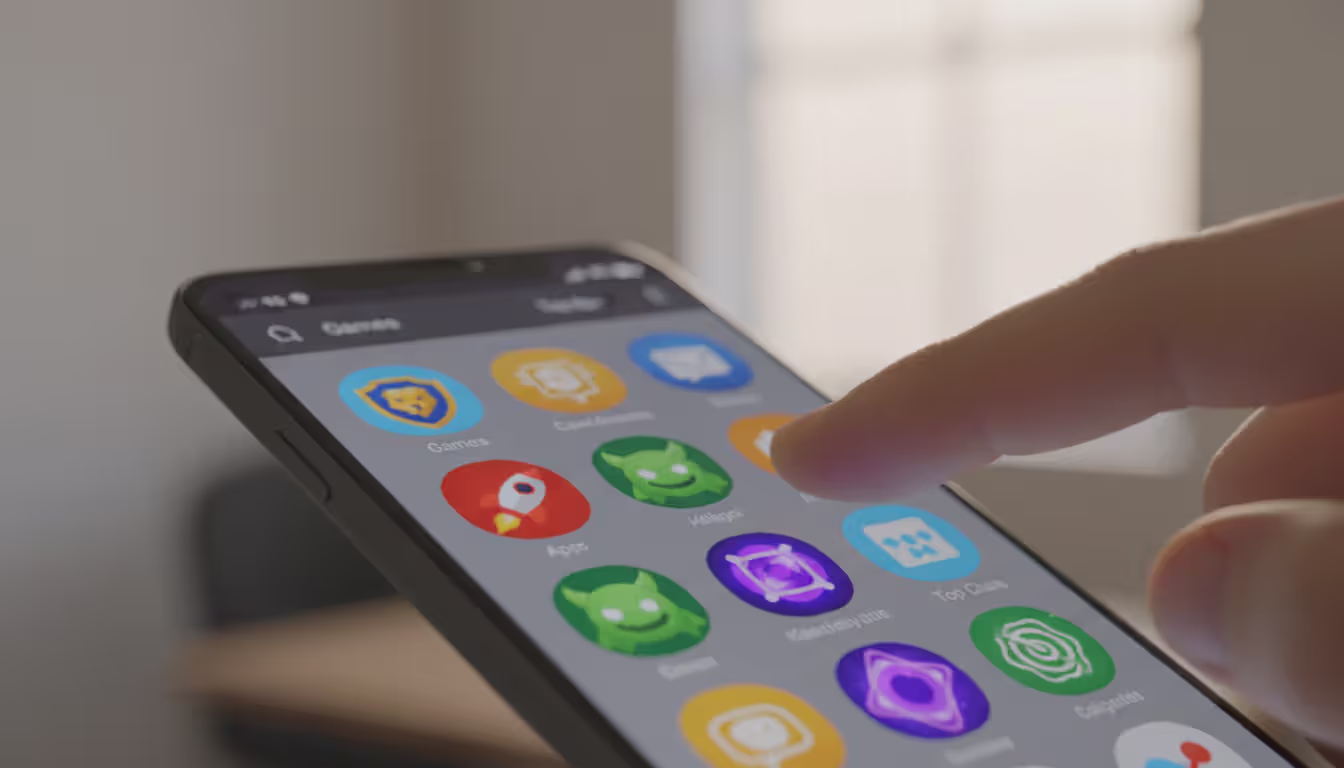 Close-up of a smartphone screen showing a mobile app store with colorful game icons, finger about to tap one