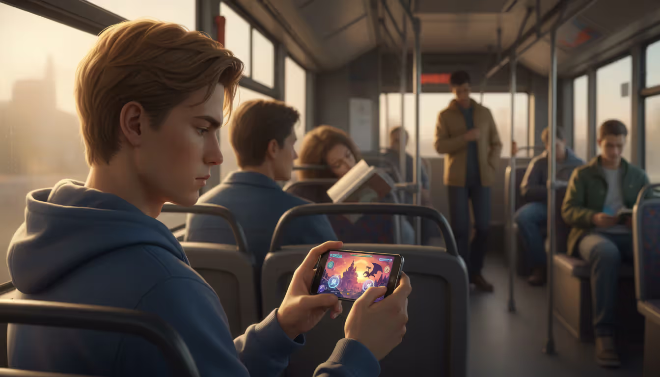 Young person playing a colorful anime-style RPG game on a smartphone while sitting in public transportation