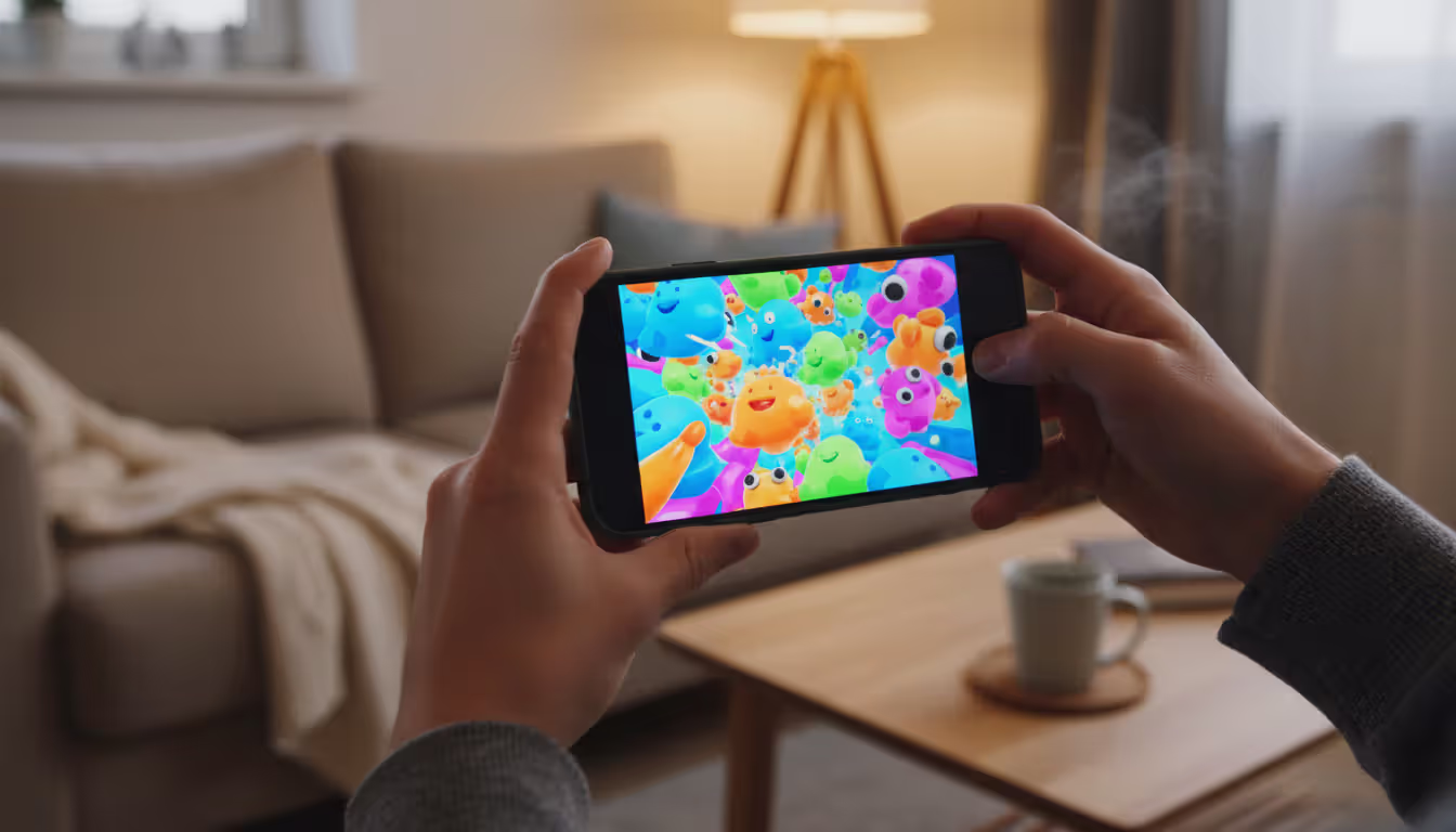 Close-up of hands recording a fun cartoon mobile game on one smartphone screen using another smartphone camera in a cozy home setting
