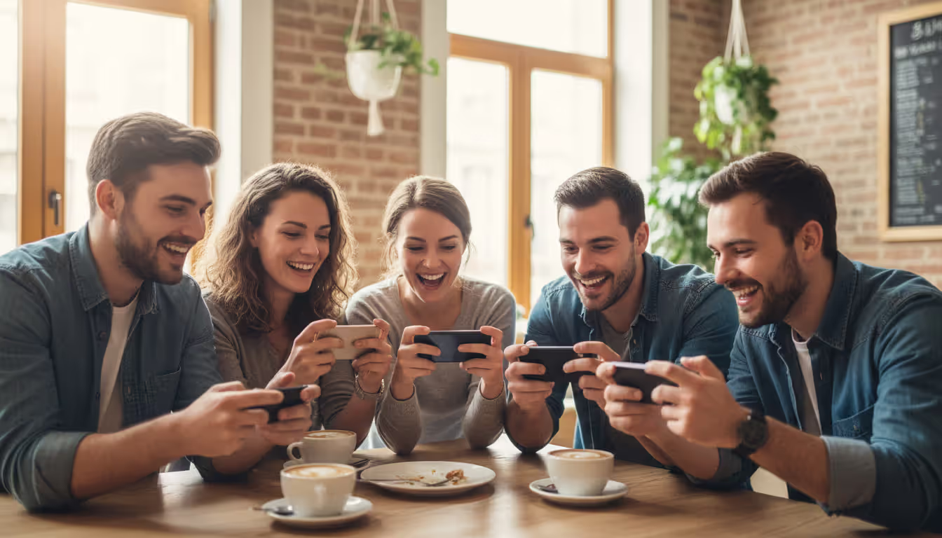 Group of diverse friends sitting at a cafe table each holding smartphones and playing mobile games together while smiling and socializing