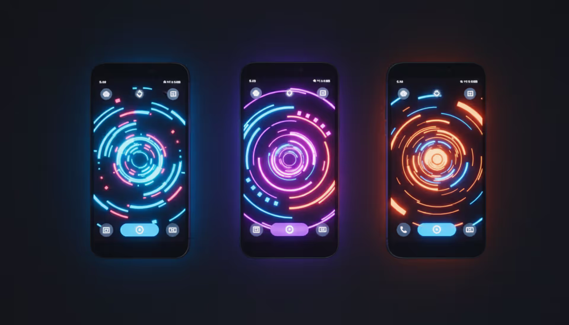 Several modern smartphones lying on a dark matte surface displaying colorful abstract mobile game interfaces with neon glow effects