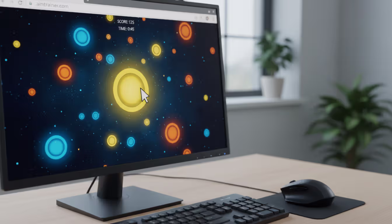 Computer screen showing a browser-based aim trainer with colorful circular targets on a dark background and a mouse cursor pointing at one target
