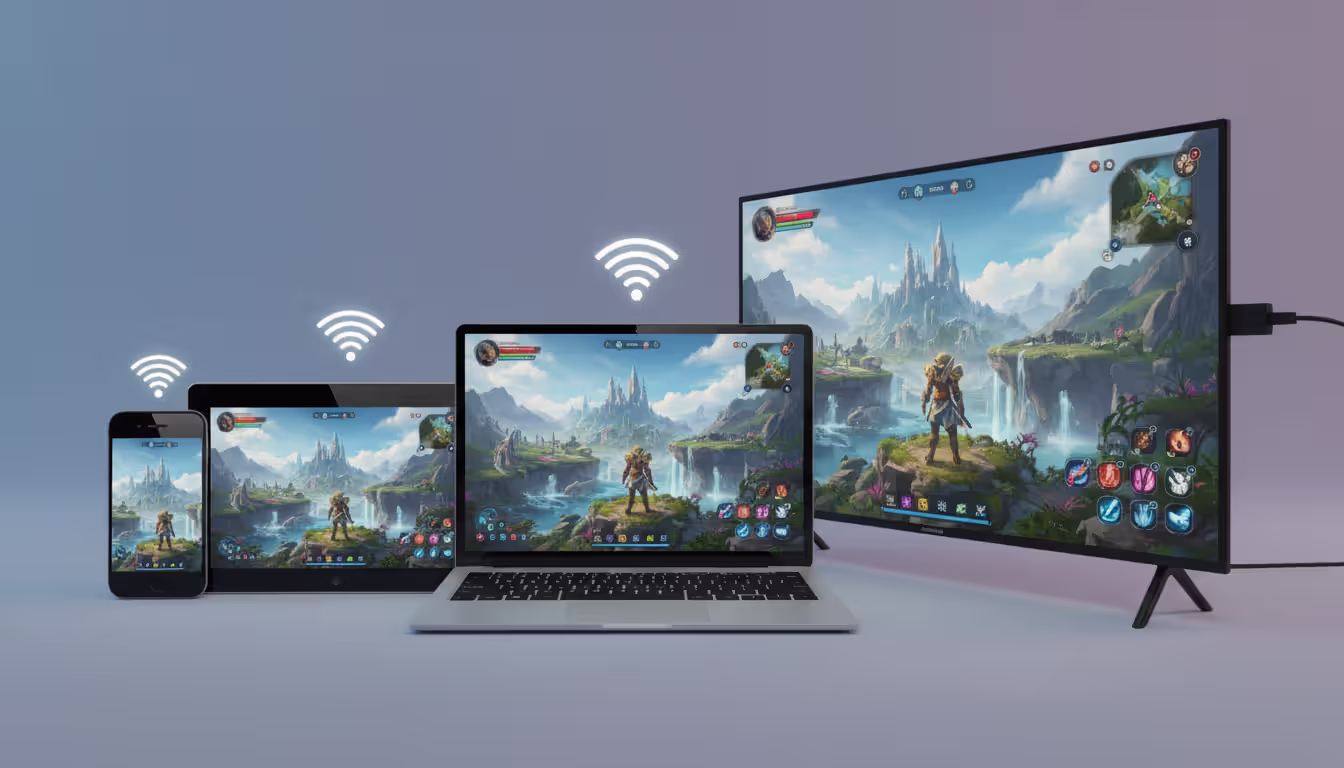 Multiple devices including smartphone tablet laptop and TV each displaying the same fantasy game scene arranged in a fan layout on a gradient background with small WiFi icons
