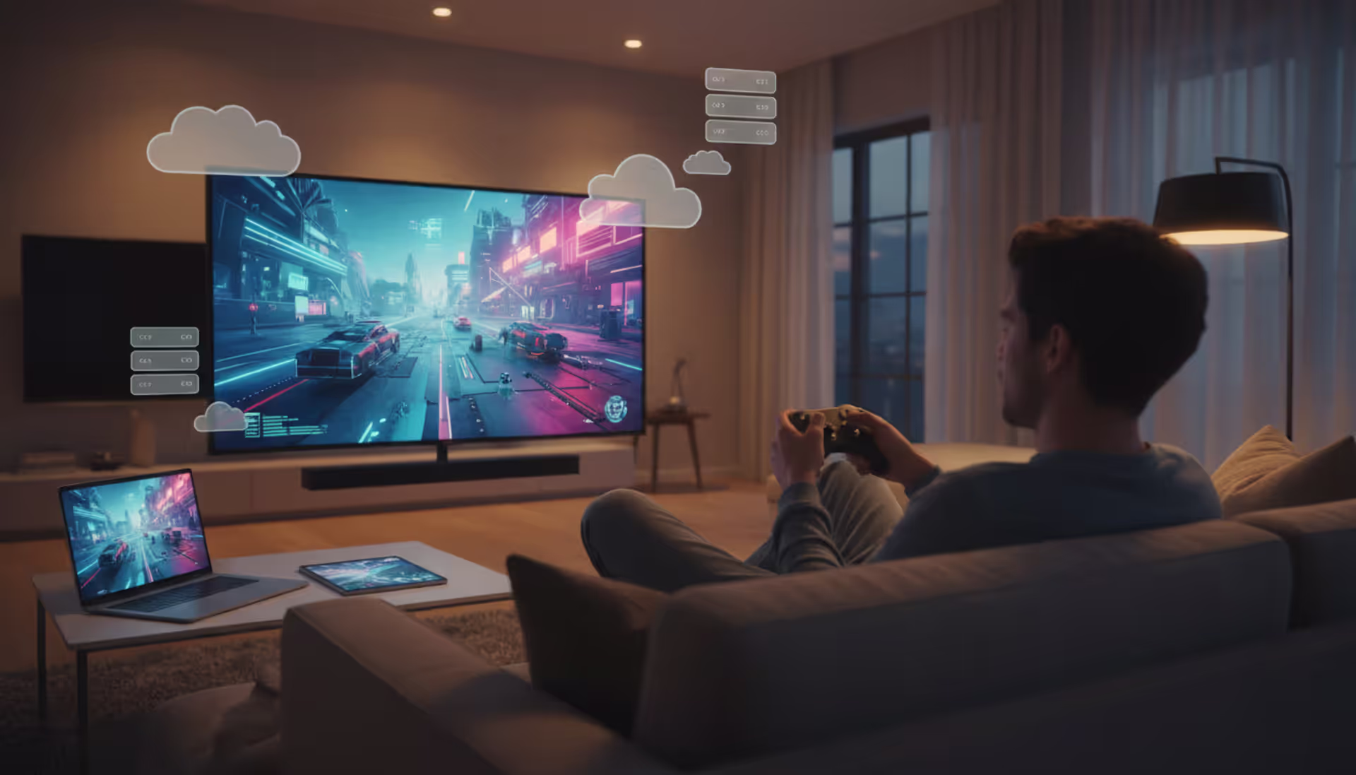 A person sitting on a couch playing a video game on a large TV screen with a wireless controller, with subtle cloud server icons floating in the background, modern living room with evening lighting