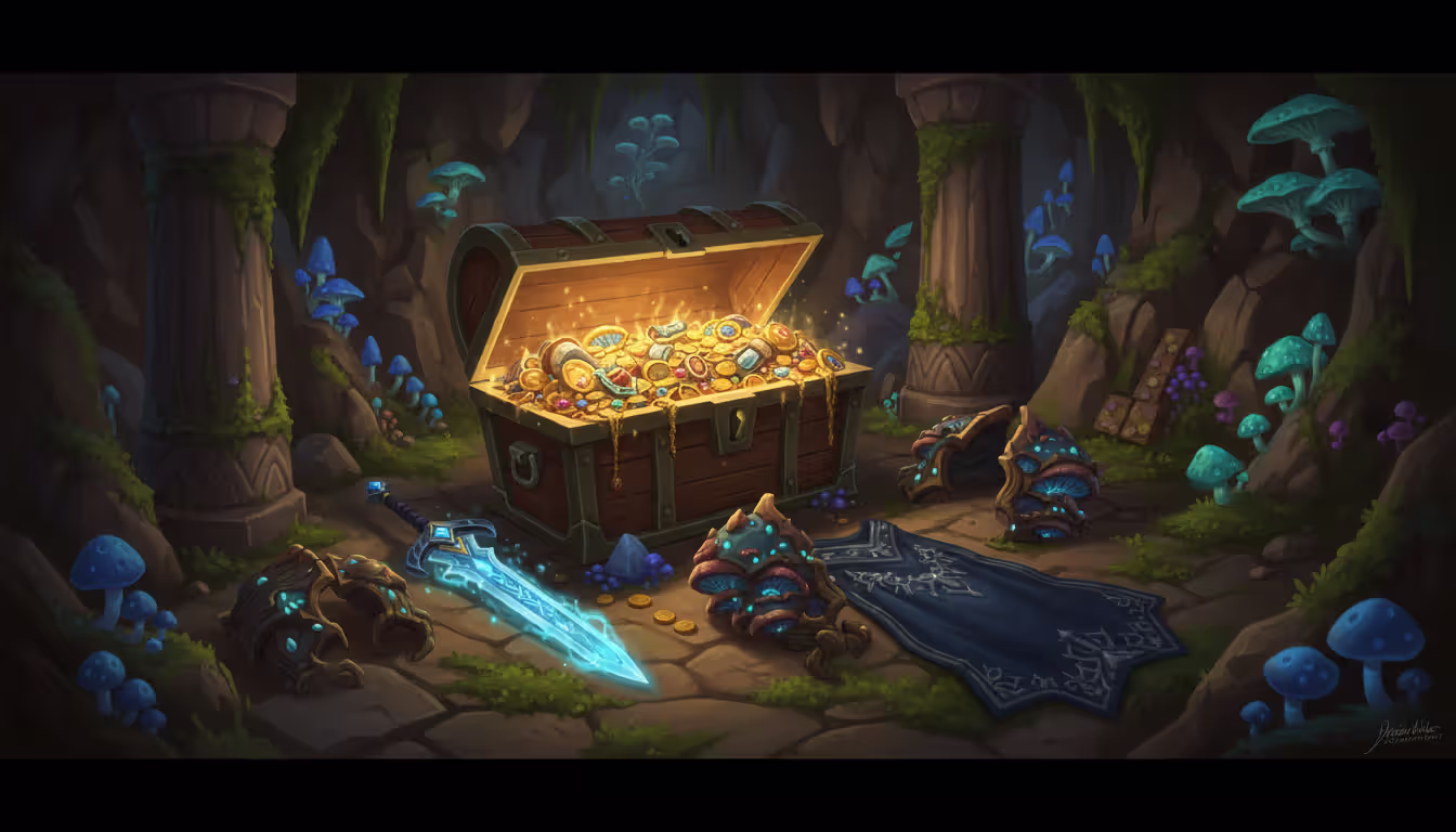 An open glowing treasure chest in a mushroom-covered cave with fantasy armor pieces and a luminous sword scattered around it in WoW art style