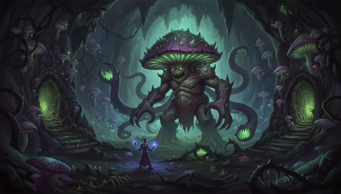 A dark labyrinthine cave with glowing poisonous mushrooms and a large fungal boss monster facing a small mage character in WoW fantasy art style