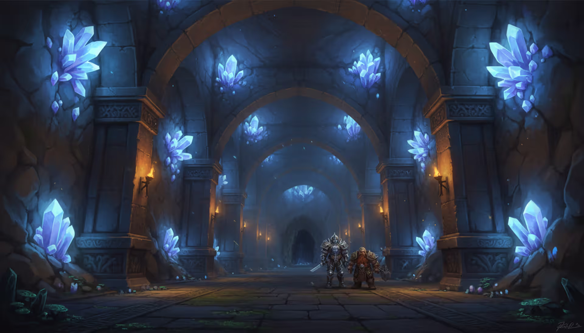 A fantasy warrior character and a dwarf companion standing at the entrance of a glowing crystal cave dungeon in World of Warcraft art style