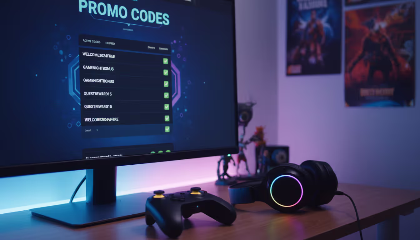 Computer monitor displaying a gaming website with redeemable promo codes next to a game controller and headset on a desk with RGB lighting