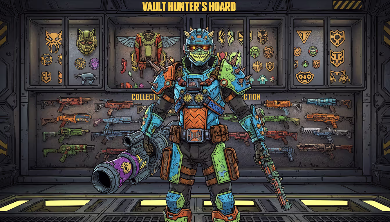 Borderlands character in unique colorful armor standing before a trophy display case with various cosmetic skins and weapon trinkets in cel-shaded style