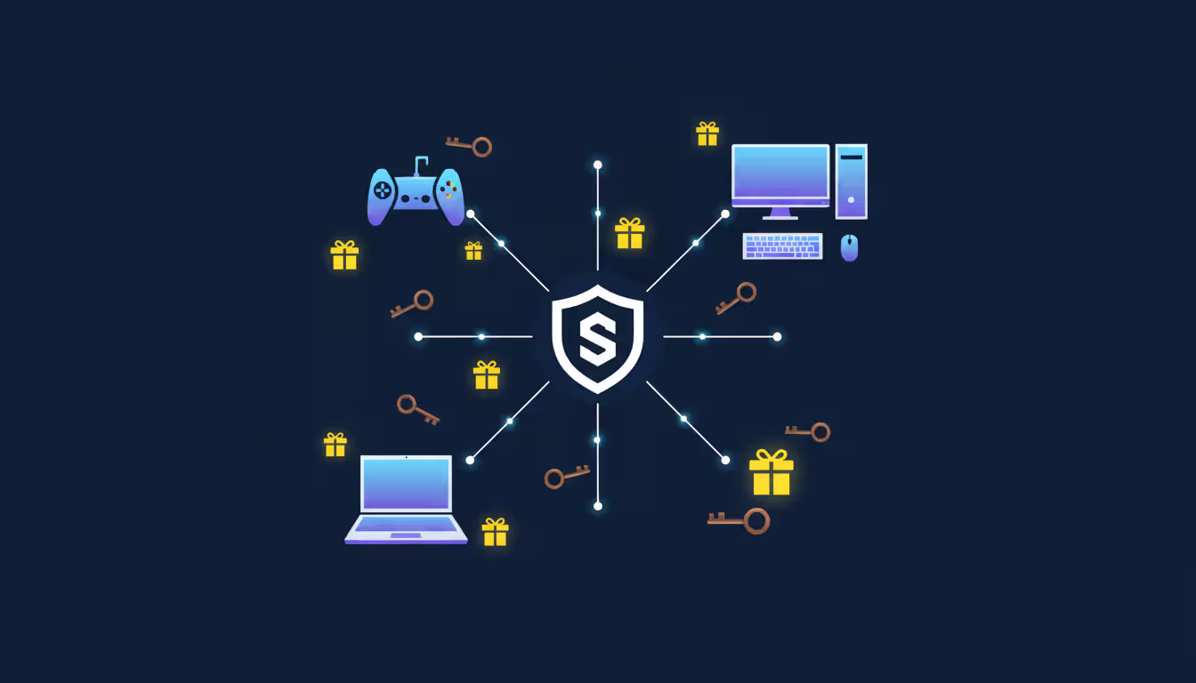 Infographic showing a central shield icon connected by glowing lines to gaming console PC and laptop silhouettes with small gift box and key icons around each device on a dark background