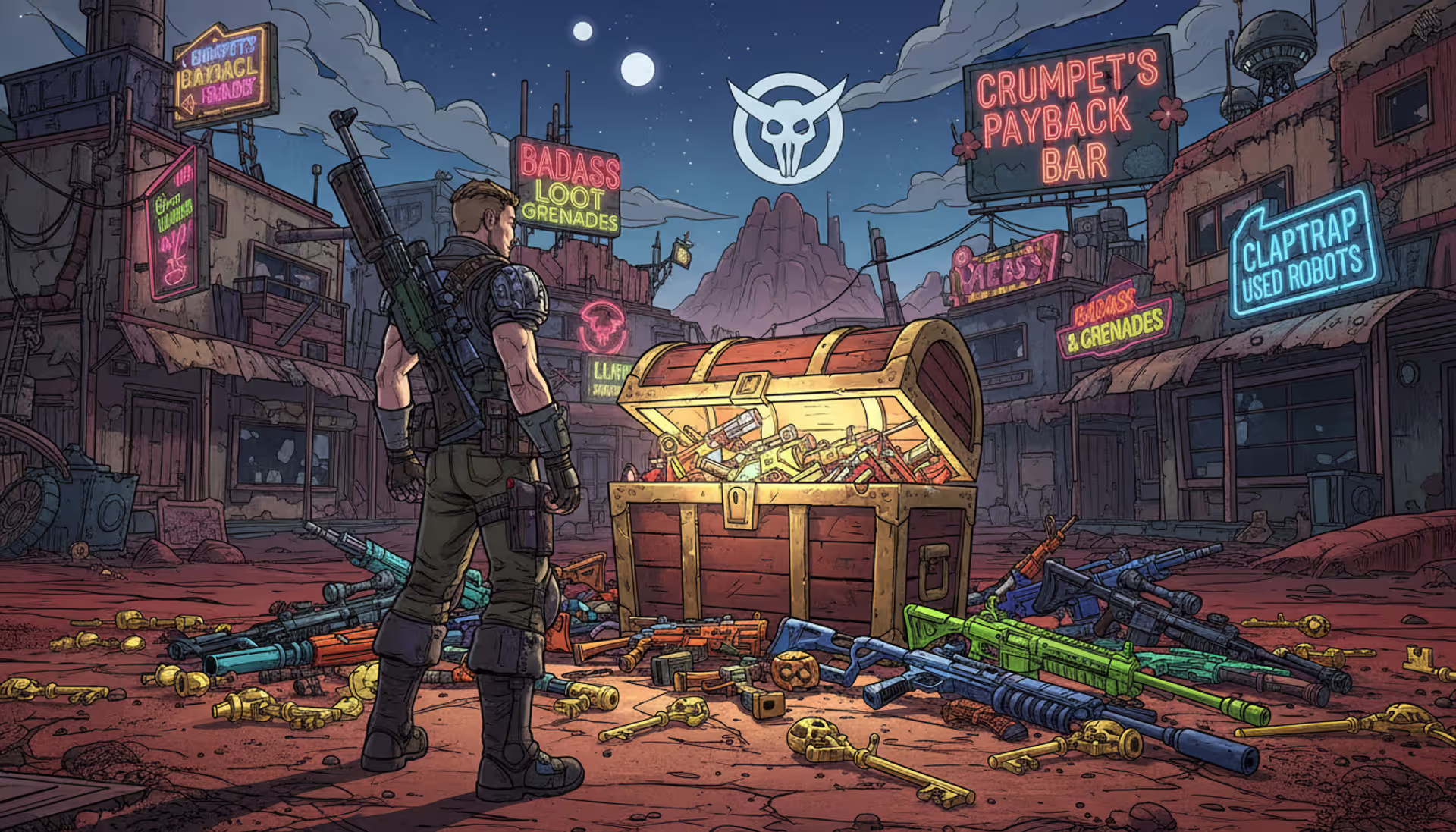 Borderlands-style vault hunter standing in front of a glowing loot chest surrounded by golden keys and colorful weapons in a cel-shaded post-apocalyptic landscape