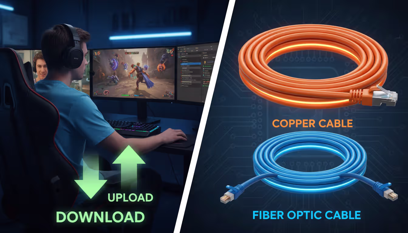 Split image showing gamer streaming with upload and download arrows of different sizes on left side, and ethernet copper cable next to fiber optic cable highlighted in different colors on right side