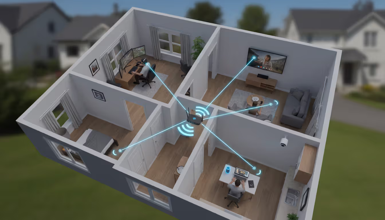 Top-down view of a household with multiple people using internet simultaneously: gamer at PC, person watching TV, video call on laptop, smart home devices, with router in center sending signal lines to each device