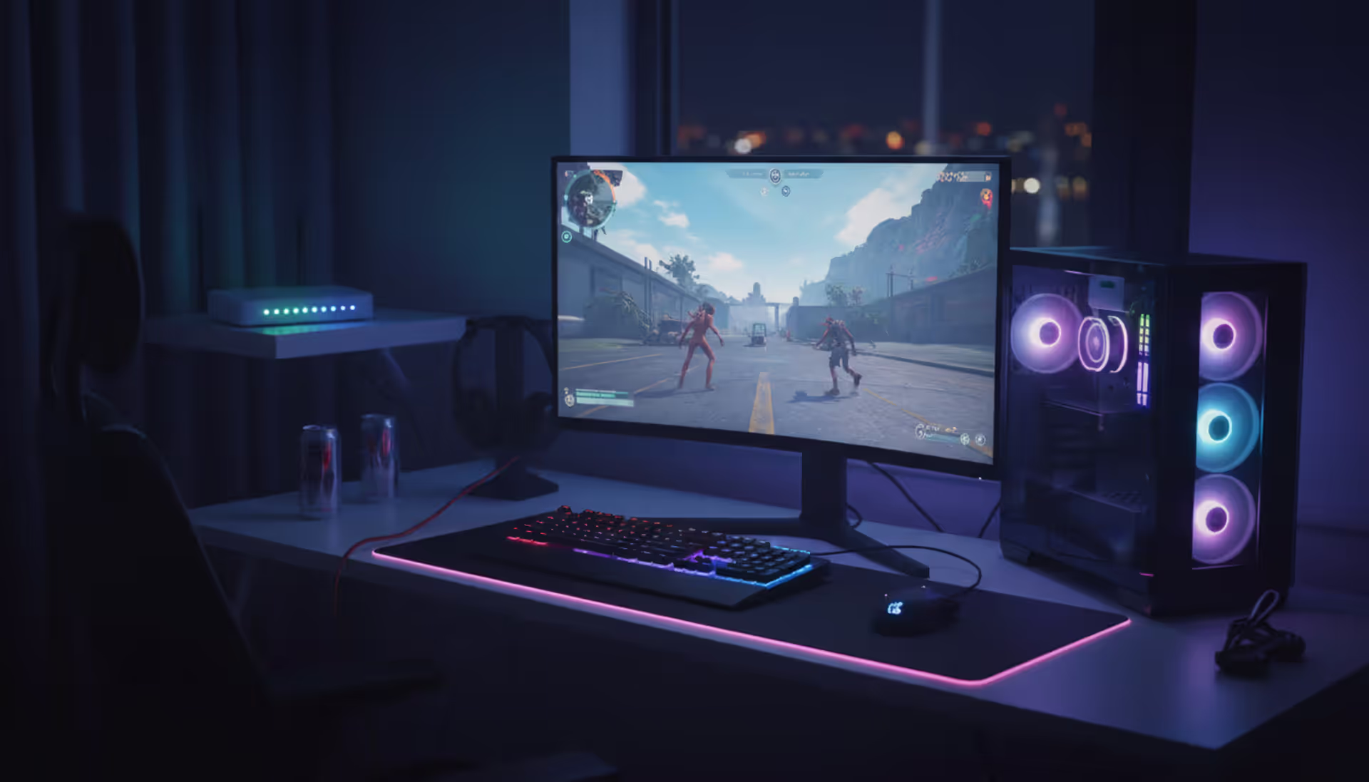 Modern gaming setup with RGB lighting, monitor showing multiplayer game, ethernet cable connected to PC, router with glowing indicators in dark room