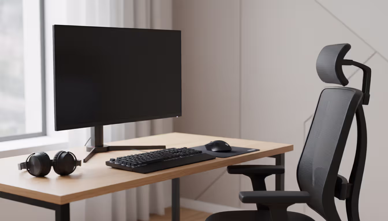 Ergonomic gaming desk setup with a 27-inch monitor at eye level, an office chair with lumbar support, keyboard, mouse, and headset