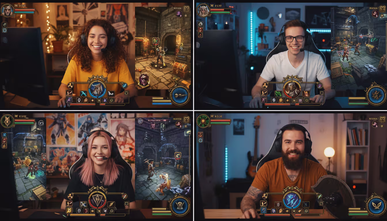 Split-screen collage of four friends gaming together online from separate rooms, each wearing headsets and smiling