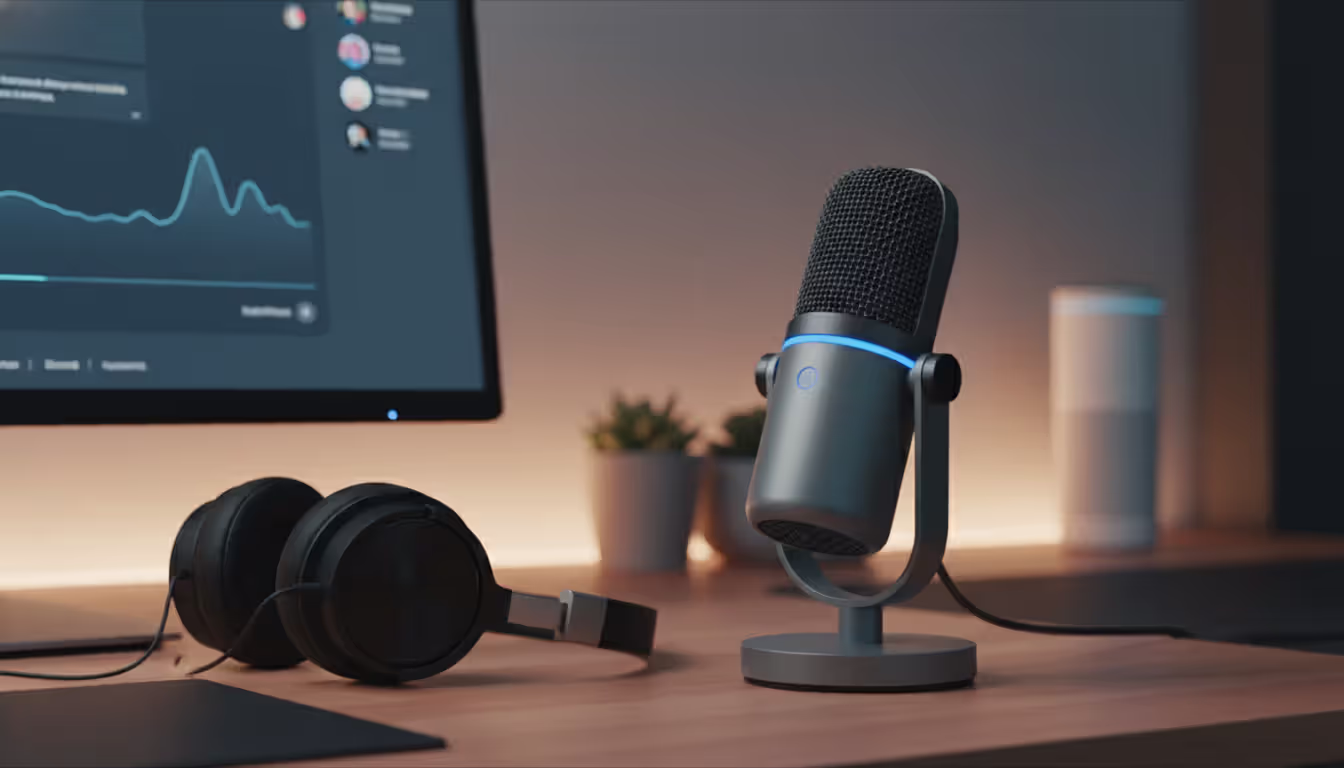 Desktop USB microphone on a stand next to a monitor showing a voice chat interface, with headphones on the desk