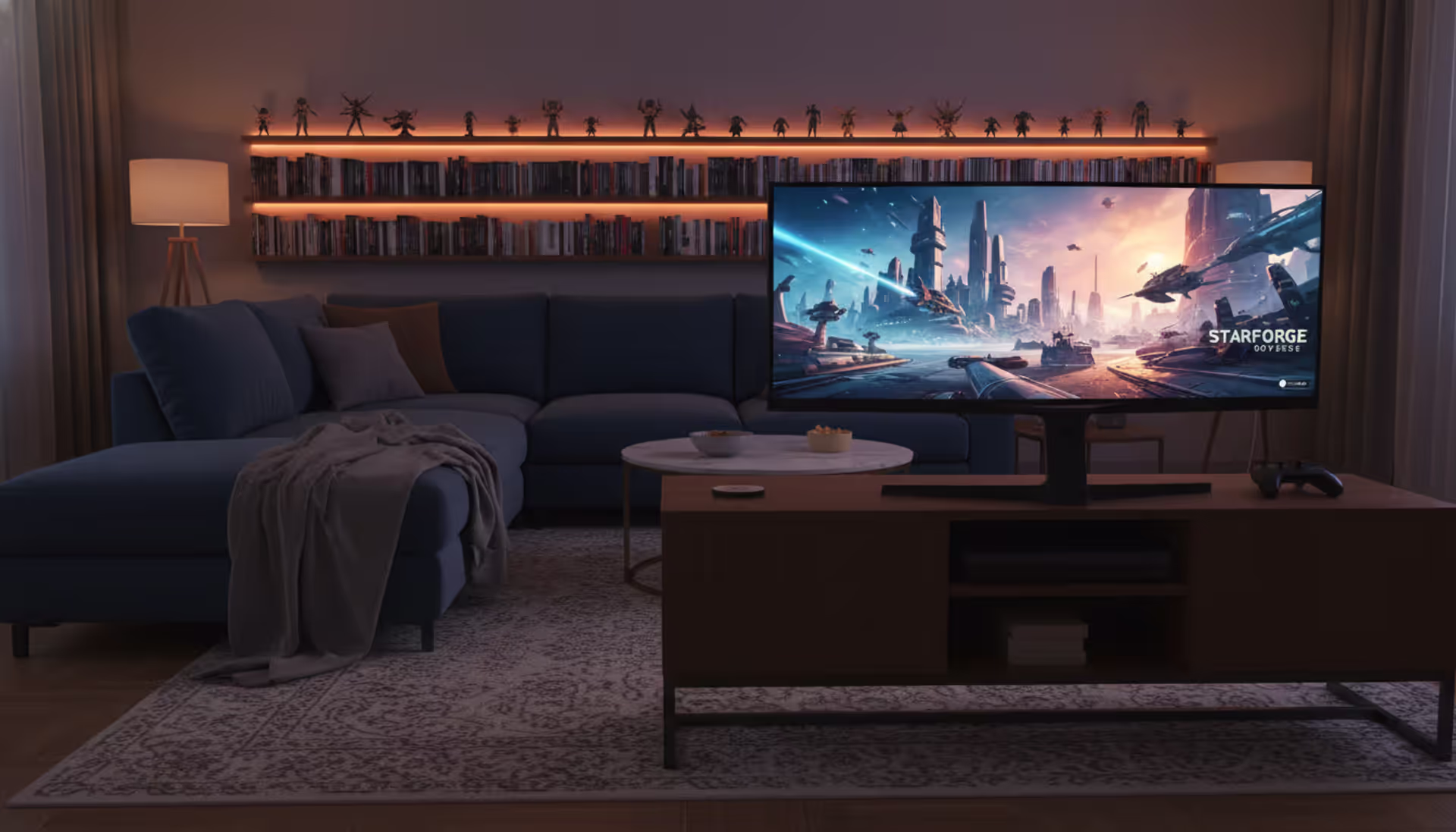 Cozy living room with a gaming monitor on a TV stand, a controller on a sofa, and soft ambient LED lighting in the evening