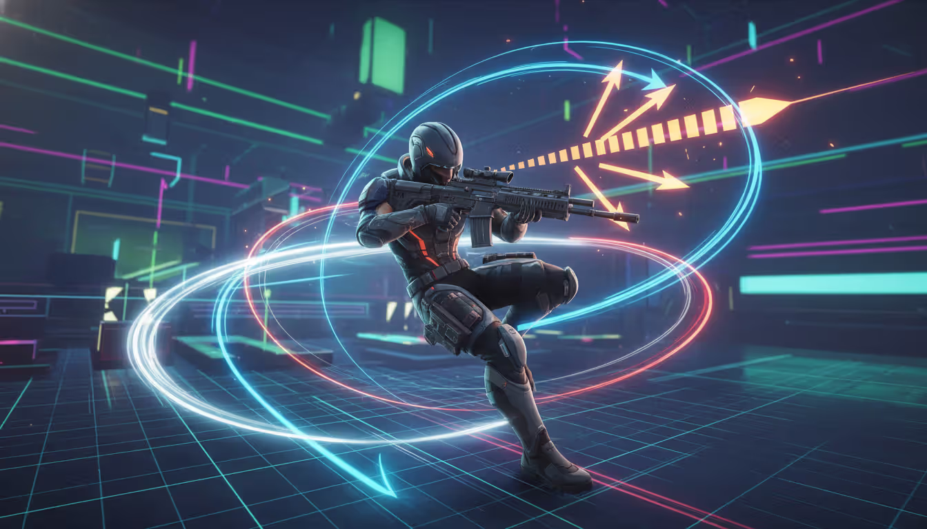 Game character performing a slide-jump in a training arena with visible bullet trajectories, recoil indicators, and movement trails illustrating shooter mechanics