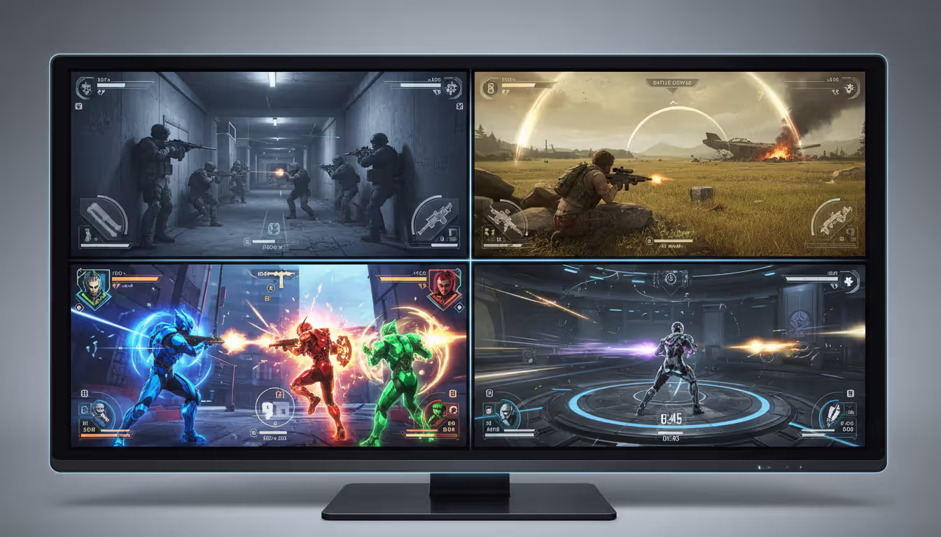 Split-screen collage showing four shooter subgenres: tactical team combat indoors, solo battle royale player in open field, colorful hero shooter abilities, and fast-paced arena shooter action