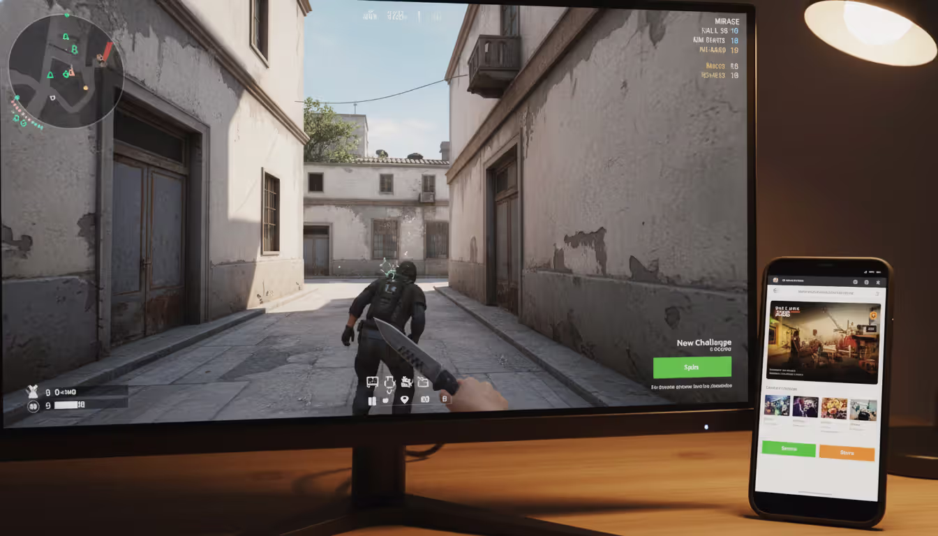 Close-up of a gaming monitor showing CS2 gameplay with a player holding a knife on Mirage map, smartphone with challenge generator website lying on the desk nearby