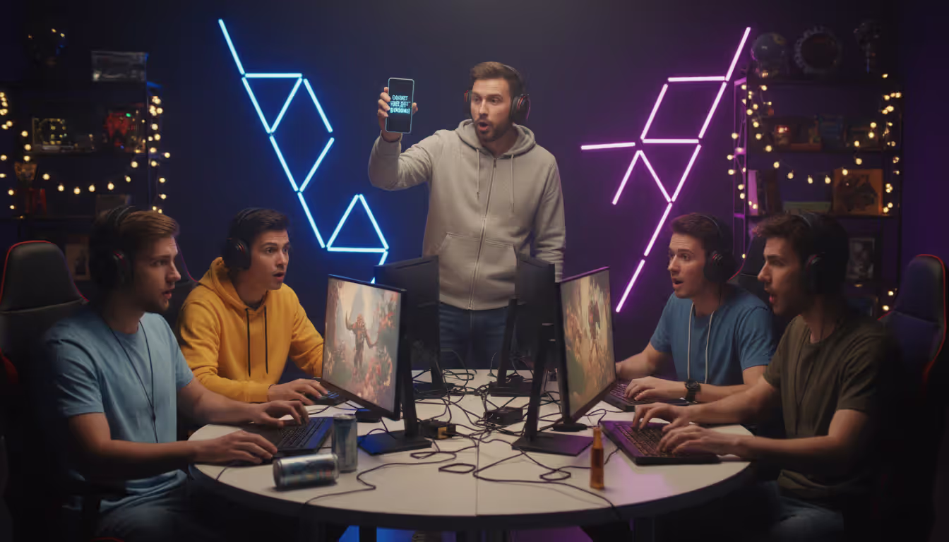 Five players at a LAN party, one standing and showing a phone screen with a challenge to teammates who sit at their gaming setups looking surprised and excited