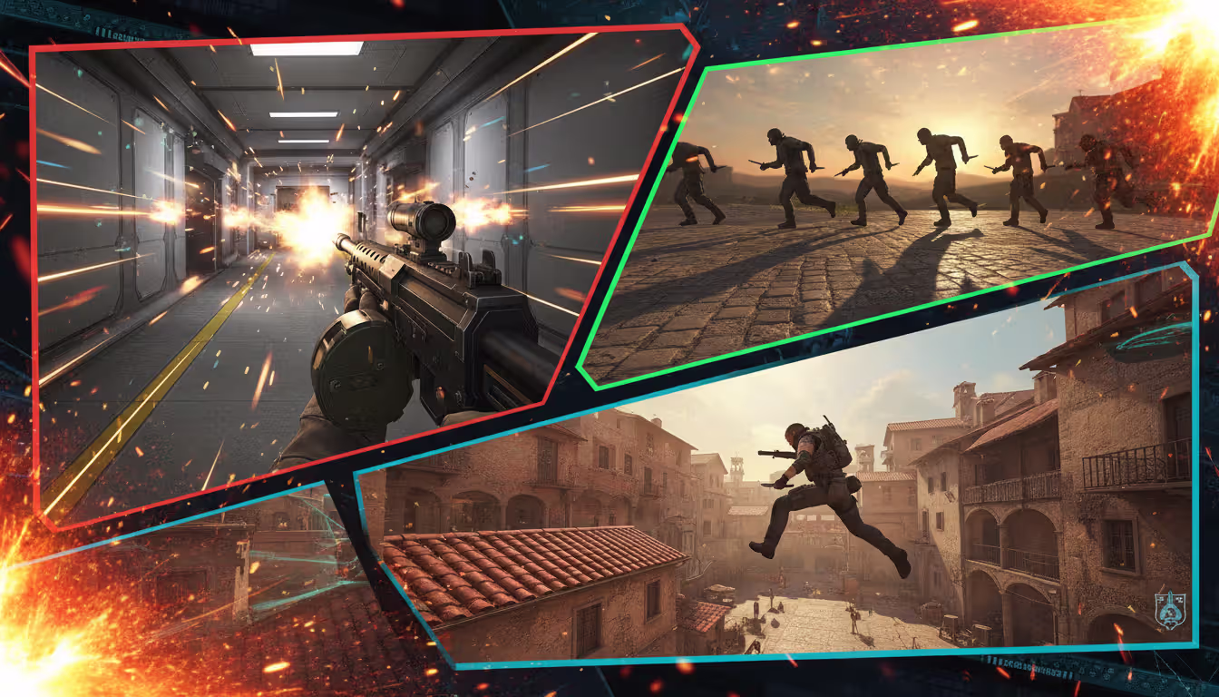 Collage of CS2 gameplay moments showing a Negev player in a corridor, a team rushing with knives, and a player jumping off a rooftop on Inferno map