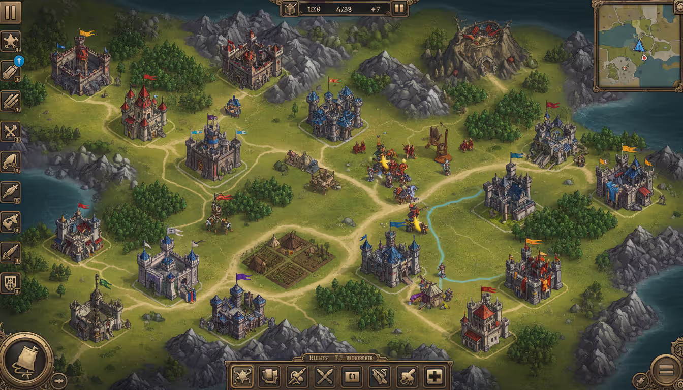 Isometric strategy game world map showing player castles resource nodes monster camps and moving armies on a fantasy terrain